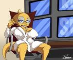 absurd_res alphys anthro big_breasts big_butt blonde_hair bodily_fluids breasts buckteeth butt chair clothing coat detailed_background eyewear female freckles furniture glasses hair heat_(temperature) hi_res lizard nerd open_mouth reptile reymonrr round_glasses scalie sitting slightly_chubby solo sweat tail teeth toby_fox_(copyright) topwear undertale undertale_(series) yellow_body