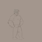 2021 absurd_res akita anthro beard bottomwear brown_background canid canine canis clothing digital_media_(artwork) domestic_dog eyewear facial_hair glasses hand_in_pocket hi_res humor male mammal melaisen nonbinary_(lore) pants pockets shirt simple_background sketch smile smug solo spitz t-shirt topwear
