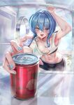  1girl :d areola_slip armpits blue_eyes blue_hair blue_nails blurry blurry_background blush breasts can collarbone crop_top drink_can feet_out_of_frame foreshortening hair_between_eyes highres hololive hololive_dance_practice_uniform hoshimachi_suisei indoors jagoo leaning_forward long_hair looking_at_viewer midriff nail_polish navel official_alternate_costume open_mouth paid_reward_available see-through see-through_shirt short_shorts short_sleeves shorts side_ponytail sidelocks small_breasts smile soda_can solo steaming_body sweatdrop virtual_youtuber 