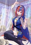 1girl alear_(female)_(fire_emblem) alear_(fire_emblem) arm_up black_thighhighs blue_eyes blue_hair crossed_bangs fire_emblem fire_emblem_engage hair_between_eyes heterochromia highres long_hair looking_at_viewer multicolored_hair on_bed open_mouth oramustat red_eyes red_hair solo thighhighs tiara two-tone_hair very_long_hair 