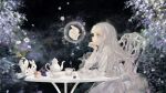  1girl chair cup dress flower food fruit grapes grey_eyes head_rest highres long_hair original plum rabbit see-through see-through_sleeves shirone_(coxo_ii) sitting solo table teacup teapot very_long_hair white_dress white_hair white_rabbit_(animal) 