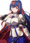  1girl absurdres alear_(female)_(fire_emblem) alear_(fire_emblem) blue_eyes blue_hair bow bowtie braid breasts crossed_bangs crown_braid fire_emblem fire_emblem_engage heterochromia highres large_breasts multicolored_hair red_eyes red_hair tiara to_(tototo_tk) two-tone_hair white_bow white_bowtie 