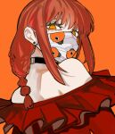  1girl bare_shoulders black_choker chainsaw_man character_print choker dress earrings highres jewelry looking_back makima_(chainsaw_man) mask mouth_mask off_shoulder orange_background pochita_(chainsaw_man) ponytail red_dress red_hair ringed_eyes sailen0 single_earring yellow_eyes 