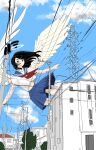  1girl angel_wings black_hair blue_sailor_collar blue_skirt building cityscape feathered_wings giant giantess green_eyes highres long_hair looking_at_viewer open_mouth original outdoors outstretched_arms pleated_skirt power_lines sailor_collar sakamoto_giulietta school_uniform serafuku shirt skirt solo spread_arms transmission_tower white_shirt white_wings wings wire 