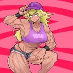  1girl :3 abs absurdres adjusting_clothes adjusting_headwear armpits asha baseball_cap biceps black_panties blonde_hair breasts cleavage closed_mouth commentary_request dark-skinned_female dark_skin fang feet_out_of_frame grey_shorts hat highres large_breasts long_hair looking_at_viewer medium_bangs muscular muscular_female open_fly original panties pink_background pointy_ears purple_hat red_background sanpaku short_shorts shorts smile solo tan two-tone_background underwear wristband 