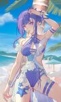  1girl absurdres arm_up ass_visible_through_thighs bare_shoulders beach blue_sky breasts comet_(user_fjsa4577) commentary_request day highres honkai_(series) honkai_impact_3rd medium_breasts ocean official_alternate_costume outdoors purple_eyes raiden_mei raiden_mei_(crooning_tides)_(honkai_impact) raiden_mei_(herrscher_of_origin) sky solo starfish thigh_strap tree 