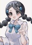  1girl :d absurdres asatte_3z black_hair blue_bow blue_bowtie bow bowtie breasts candice_(pokemon) collared_shirt grey_eyes hair_ornament hand_up highres long_hair medium_breasts multi-tied_hair open_mouth pokemon pokemon_dppt shirt simple_background smile solo teeth twintails upper_body upper_teeth_only v white_background white_shirt 