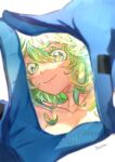  1girl anezu artist_name blue_gloves blurry blurry_foreground boku_no_hero_academia colored_eyelashes commentary curly_hair eyelashes finger_frame foreshortening gloves green_eyes green_hair hagakure_tooru looking_at_viewer smile solo upper_body 