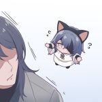  2girls angon623 animal_ear_hairband animal_ears arm_wrap black_shirt blue_hair cat_ears chibi chief_(path_to_nowhere) coat dream_catcher eyepatch fake_animal_ears female_chief_(path_to_nowhere) grey_coat grey_eyes grey_hair hair_between_eyes hair_intakes hairband hecate_(path_to_nowhere) motion_lines multiple_girls no_eyes one_eye_covered outstretched_arms path_to_nowhere robe shirt sweatdrop white_robe 