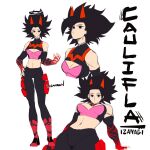  1girl abs alternate_universe artist_name bare_shoulders black_eyes black_gloves black_hair black_halo black_pants black_shirt boots breasts caulifla character_name cleavage cleavage_cutout clothing_cutout crosshatching dragon_ball dragon_ball_super earrings elbow_gloves english_commentary english_text expressionless fingerless_gloves full_body gloves halo hatching_(texture) highres horns jewelry light_frown light_smile long_hair medium_breasts multicolored_clothes multiple_views muscular muscular_female navel ocean_man_(artist) pants pink_shirt red_footwear red_gloves red_horns reference_sheet shirt simple_background sketch skin_tight spiked_hair sportswear tight_clothes tight_pants two-tone_gloves upper_body white_background workout_clothes 