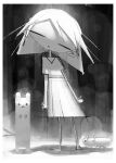  1girl animal closed_eyes dot_mouth facing_viewer full_body greyscale head_tilt highres medium_hair monochrome original shirt skirt standing xkl3001 