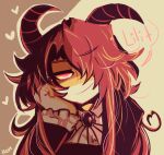  1boy arm_support demon_boy demon_horns doodles funamusea genderswap genderswap_(ftm) hair_over_one_eye homriette horns lil_(funamusea) long_hair looking_at_viewer pink_eyes pink_hair solo 