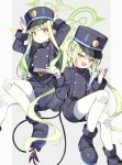  2girls :d belt black_belt black_footwear black_jacket black_skirt blue_archive blue_hat blush buttoned_cuffs buttons commentary demon_tail double-breasted earrings fang foot_out_of_frame green_hair grey_background hair_between_eyes halo hat highres hikari_(blue_archive) holding holding_tablet_pc hugging_object jacket jewelry knees_together_feet_apart long_hair looking_at_viewer miniskirt multiple_girls nozomi_(blue_archive) open_mouth outside_border pantyhose pillarboxed pleated_skirt pointy_ears rabbit_pose shako_cap shirt shirt_overhang shoes shoulder_boards siblings simple_background sisters skin_fang skirt sleeve_cuffs smile smug straight_hair tablet_pc tail twins twintails white_pantyhose white_shirt yellow_eyes zoirun 