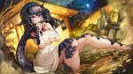  1girl absurdres animal_ears au_ra black_hair blue_eyes blush braid breasts commission covered_mouth crown_braid dragon_girl dragon_tail dutch_angle eyelashes feet_out_of_frame final_fantasy final_fantasy_xiv full_moon hand_to_own_mouth hands_up highres horns knees_up lantern large_breasts long_hair looking_at_viewer melaton moon naked_towel night night_sky onsen outdoors rock scales sitting skeb_commission sky slit_pupils soaking_feet solo steam tail tail_raised towel warrior_of_light_(ff14) water wet white_towel 