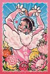  1boy ;d arms_up black_hair bon_clay border coat english_commentary fake_wings flower hellosunnycore highres long_sleeves looking_back makeup male_focus one_eye_closed one_piece pink_border pink_coat short_hair smile solo star_(symbol) watermark wings 