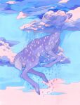  1other above_clouds animal_focus blue_sky cloud day deer fawn fleebites floating highres limited_palette no_humans on_cloud original pastel_colors pink_clouds purple_clouds purple_eyes purple_fur rain sky 