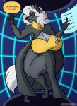  2024 5_fingers anthro big_breasts black_nose breasts cleavage clothed clothed_anthro clothed_female clothing dialogue ear_piercing ear_ring english_text eyewear female fingers fur glasses grey_body grey_fur hair hi_res hologram huge_breasts humanoid_hands mammal mature_anthro mature_female pamela_(fusion_h0ss) piercing procyonid raccoon ring_piercing sagging_breasts sketchybug smile solo speech_bubble standing text uniform white_hair 