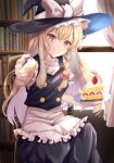  1girl :d black_hat black_skirt black_vest blonde_hair bookshelf bow braid buttons cake cake_slice commentary erisauria eyelashes feet_out_of_frame food grin hair_between_eyes hair_bow hands_up hat hat_bow highres holding holding_plate holding_spoon incoming_food indoors kirisame_marisa long_hair looking_at_viewer on_chair plate puffy_short_sleeves puffy_sleeves red_bow shirt short_sleeves sidelighting sidelocks single_braid sitting skirt smile solo spoon touhou tsurime very_long_hair vest white_bow white_shirt window witch_hat yellow_eyes 