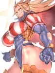  1girl american_flag american_flag_print ass battle_damage blonde_hair blue_eyes boku_no_hero_academia boots breasts cape cropped_legs determined flag_print fumio_(rsqkr) gauntlets gloves hair_slicked_back highres large_breasts leotard long_hair looking_at_viewer muscular muscular_female redesign smile solo star_and_stripe_(boku_no_hero_academia) striped_cape superhero_costume thick_thighs thigh_boots thighs torn_clothes torn_gloves white_background 
