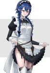  1girl alternate_costume alternate_hairstyle ameno_(a_meno0) apron blue_eyes blue_hair braid breasts enmaided fire_emblem fire_emblem_awakening hairband lucina_(fire_emblem) maid maid_apron maid_headdress neck_ribbon parted_lips ribbon simple_background small_breasts solo symbol_in_eye thighs twin_braids white_background 