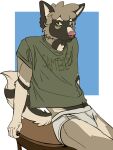  absurd_res anthro brown_body bulge canid canine chest_tuft clothing crop_top curled_hair hair hi_res male mammal markings pink_nose sambles shirt solo topwear tuft underwear white_markings 