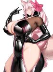  1girl animal_ears arind_yudha black_bodysuit black_gloves blush bodysuit breasts closed_mouth elbow_gloves fate/grand_order fate_(series) fox_ears fox_girl fox_shadow_puppet fox_tail from_side glasses gloves hair_ornament hand_on_own_hip hand_up highres hip_vent huge_breasts koyanskaya_(assassin)_(first_ascension)_(fate) koyanskaya_(fate) long_hair looking_at_viewer pink_hair ponytail simple_background solo tail tamamo_(fate) white_background yellow_eyes 