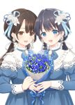  2girls :d animification blue_dress blue_eyes blue_flower blue_hair bouquet brown_eyes brown_hair commentary_request dark_blue_hair dress flower hair_flower hair_ornament hair_ribbon holding holding_bouquet lace-trimmed_dress lace_trim link!_like!_love_live! long_hair long_sleeves looking_at_viewer love_live! low_twintails multiple_girls murano_sayaka open_mouth pleasure_feather_(love_live!) ribbon rose simple_background sleeve_cuffs smile twintails upper_body voice_actor voice_actor_connection white_background white_flower white_ribbon white_rose yutuki_ame 