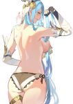  1girl arm_up ass azura_(fire_emblem) azura_(song&#039;s_reflection)_(fire_emblem) back back_focus blue_hair breasts closed_mouth detached_sleeves earrings elbow_gloves english_commentary fingerless_gloves fire_emblem fire_emblem_fates fire_emblem_heroes gloves highres jewelry large_breasts long_hair looking_at_viewer nipples official_alternate_costume panties see-through side-tie_panties signature simple_background smile solo underwear veil very_long_hair white_background yellow_eyes yusi_vishnu 