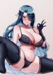  1girl absurdres ass_visible_through_thighs azuma_fubuki bare_shoulders black_bra black_panties black_thighhighs blue_hair blush bra breasts cameltoe closed_mouth collarbone colored_inner_hair dark_blue_hair dhitt grey_background grey_ribbon groin_tendon hair_over_one_eye hair_ribbon highres lace-trimmed_bra lace-trimmed_legwear lace_trim large_breasts long_hair looking_at_viewer mato_seihei_no_slave mature_female multicolored_hair navel ok_sign panties ribbon signature skindentation smile solo spread_legs stomach thick_thighs thighhighs thighs underwear underwear_only very_long_hair yellow_eyes 