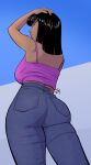  1girl absurdres black_hair blue_background blunt_bangs camisole cowboy_shot denim from_below hand_on_own_head high-waist_pants highres jeans joylewds looking_at_viewer looking_down medium_hair nico_robin one_piece pants purple_camisole simple_background solo straight_hair 