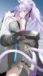  1girl 3d_background absurdres ahoge animal_ear_fluff animal_ears arm_strap bandaid bandaid_on_arm black_jacket black_ribbon cat_ears cat_girl cat_tail chest_harness covered_nipples from_below from_side grey_shirt grey_skirt grey_thighhighs hair_intakes hair_ribbon hand_up harness highres hololive jacket kamioka_shun&#039;ya knees_out_of_frame long_hair long_sleeves looking_at_viewer miniskirt mixed_media nekomata_okayu nekomata_okayu_(8th_costume) off_shoulder official_alternate_costume official_alternate_hairstyle outdoors pleated_skirt purple_eyes purple_hair ribbed_shirt ribbon shirt single_thighhigh skirt sleeveless sleeveless_shirt slit_pupils solo standing tail tail_through_clothes thigh_strap thighhighs turtleneck twintails virtual_youtuber 