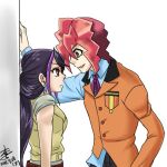  1boy 1girl against_wall dennis_macfield dress dress_shirt green_eyes jacket kurosaki_ruri leather leather_jacket ligun2000 lowres open_clothes open_jacket orange_hair purple_eyes purple_hair shirt signature suit white_background yu-gi-oh! yu-gi-oh!_arc-v 