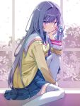  1girl akayama_yukihe arm_between_legs arm_rest blue_sky blush breasts buttons clannad commentary_request cowboy_shot day frown fujibayashi_kyou hand_on_own_face highres jacket knee_up long_hair looking_at_viewer one_side_up pleated_skirt purple_eyes purple_hair sailor_collar school_uniform sitting skirt sky small_breasts solo sunlight thighhighs very_long_hair white_sailor_collar white_thighhighs window yellow_jacket 