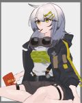  1girl croque_(neural_cloud) food food_in_mouth girls&#039;_frontline_neural_cloud goggles goggles_around_neck grey_hair hair_ornament hairclip highres jacket pocky pocky_in_mouth shorts sitting solo suspenders 