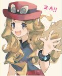  1girl :d artist_name asatte_3z blonde_hair bracelet breasts collared_shirt eyewear_on_headwear floating_hair grey_eyes grey_shirt hand_up hat highres jewelry long_hair medium_breasts mega_stone open_mouth pokemon pokemon_xy red_hat serena_(pokemon) shirt simple_background sleeveless sleeveless_shirt smile solo teeth upper_teeth_only white_background 