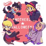  1girl 3boys belt black_belt black_cape black_dress black_hair black_pants black_shirt blonde_hair blue_eyes bow bowl_cut cape dress fang freckles gao ghost_costume glasses halloween hat hat_bow holding jeff_andonuts mother_(game) mother_2 multiple_boys mushroom ness_(mother_2) open_mouth pants pantyhose paula_(mother_2) poo_(mother_2) red_bow red_pantyhose shirt short_hair smile sparkle speech_bubble tail ukata vampire_costume werewolf_costume witch witch_hat wolf_girl wolf_tail 