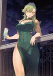  1girl against_railing bare_shoulders breasts cleavage closed_mouth cocktail_dress cocktail_glass cowboy_shot cup dress drinking_glass earrings green_dress green_eyes green_hair highres indoors jewelry large_breasts lecia_(hijiri_kishi_sonia-san) long_hair looking_at_viewer mashuu_(neko_no_oyashiro) night original railing sideless_outfit smile solo star_(sky) tree 