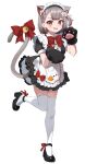  1girl ;d animal_ear_fluff animal_ear_legwear animal_ears animal_hands apron black_dress black_footwear breasts cat_ear_legwear cat_ears cat_girl cat_tail chobi_(penguin_paradise) dress extra_ears fang full_body gloves grey_hair highres large_breasts maid maid_apron maid_headdress multicolored_hair neneko_mashiro one_eye_closed one_side_up open_mouth paw_gloves red_hair short_hair simple_background smile stellive streaked_hair tail thighhighs two-tone_hair virtual_youtuber white_apron white_background white_thighhighs 