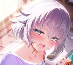  1girl blush breasts fate/grand_order fate_(series) green_eyes hair_between_eyes highres jack_the_ripper_(fate/apocrypha) looking_at_viewer m-da_s-tarou open_mouth scar scar_across_eye scar_on_cheek scar_on_face short_hair shoulder_tattoo small_breasts smile solo tattoo white_hair 