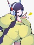  1girl bare_shoulders black_hair blowing_kiss blue_eyes elesa_(pokemon) hand_up headphones heart highres jacket long_hair long_sleeves noi_(noi_pk27) one_eye_closed pokemon pokemon_bw2 simple_background solo very_long_hair white_background yellow_jacket 