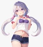  1girl :o blue_shorts breasts cowboy_shot denim denim_shorts hair_between_eyes hands_on_own_chest hands_up highres light_blush long_hair looking_at_viewer low_twintails medium_breasts midriff navel open_clothes open_fly open_shorts original paid_reward_available purple_eyes purple_hair red_trim shirt short_shorts short_sleeves shorts shorts_rolled_up simple_background solo stomach twintails white_background white_shirt yuna_rebun 