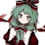  1girl bow frilled_bow frilled_ribbon frills front_ponytail green_eyes green_hair kagiyama_hina looking_at_viewer mei_si puffy_short_sleeves puffy_sleeves red_bow red_ribbon ribbon short_sleeves solo touhou white_background 