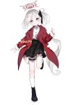  1girl beko_(beco_1122) black_footwear black_skirt blue_archive blush closed_mouth coat collared_shirt full_body grey_hair halo highres long_hair mutsuki_(blue_archive) open_clothes open_coat pleated_skirt pointy_ears purple_eyes red_coat red_halo shirt shoes side_ponytail simple_background skirt smile socks solo thigh_strap twitter_username white_background white_shirt white_socks 