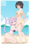  2girls :3 absurdres alternate_costume animal_ears artist_logo ass ass_grab beach bikini blue_eyes blue_sky border breasts brown_hair cat_ears cat_girl cat_tail cloud commentary crossed_bangs day double-parted_bangs english_commentary full_body grabbing_another&#039;s_ass groping hair_between_eyes hakimen hand_on_another&#039;s_head highres hololive kneeling large_breasts messy_hair multiple_girls navel nekomata_okayu official_alternate_costume ok_sign oozora_subaru oozora_subaru_(hololive_summer_2019) presenting_another purple_bikini purple_eyes purple_hair sand short_hair side-tie_bikini_bottom sideboob sky smug standing star_(symbol) striped_bikini striped_clothes swept_bangs swimsuit tail virtual_youtuber wavy_mouth white_border yellow_bikini 