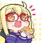  1girl :o artoria_pendragon_(fate) blonde_hair blue_jacket blue_sailor_collar blush brown_eyes chibi commentary_request fate/grand_order fate_(series) food food_on_face food_request glasses hair_between_eyes halftone halftone_background holding holding_food jacket kasuga_yuuki long_sleeves looking_at_viewer mysterious_heroine_x_alter_(fate) notice_lines open_mouth puffy_long_sleeves puffy_sleeves red-framed_eyewear sailor_collar simple_background sleeves_past_wrists solo teeth upper_body upper_teeth_only white_background 