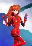  1girl :d \||/ absurdres aqua_background blue_background blue_eyes blush bodysuit commentary cowboy_shot curled_fingers gradient_background hair_between_eyes highres interface_headset knee_up long_hair neon_genesis_evangelion open_mouth pilot_suit plugsuit red_bodysuit red_hair skin_tight smile solo souryuu_asuka_langley standing standing_on_one_leg tomo115 w_arms waving white_background 