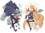  1boy 1girl black_hair blue_eyes coat crown dragonite fate/grand_order fate_(series) fujimaru_ritsuka_(female) fujimaru_ritsuka_(female)_(halloween_royalty) fujimaru_ritsuka_(male) fujimaru_ritsuka_(male)_(halloween_royalty) highres jacket keldeo metagross open_clothes open_jacket orange_eyes orange_hair pantyhose pokemon skirt sword victini weapon xubeichaoyansuan 