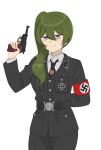  1girl arm_strap belt black_cat03 black_jacket black_necktie black_pants collar_tabs cross green_hair gun highres holding holding_gun holding_weapon iron_cross jacket long_hair looking_at_viewer nazi nazi_party_pin necktie pants purple_eyes side_ponytail smile sousou_no_frieren ss_insignia ss_uniform swastika ubel_(sousou_no_frieren) waffen-ss weapon white_jacket 