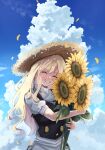  1girl :d ^_^ apron black_vest blonde_hair blue_sky closed_eyes cloud commentary_request cumulonimbus_cloud dappled_sunlight day erisauria facing_viewer flower frilled_apron frills grin hair_between_eyes hands_up happy hat highres holding holding_flower kirisame_marisa long_hair outdoors puffy_short_sleeves puffy_sleeves shirt short_sleeves sidelighting sidelocks sky smile solo straw_hat sunflower sunlight touhou turtleneck upper_body vest waist_apron wavy_hair white_apron white_shirt 