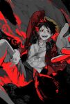  1boy 2023 abs black_hair cape collarbone commentary_request dated hat highres jyukawa looking_at_viewer male_focus monkey_d._luffy nipples one_piece open_hand red_eyes red_hair red_shirt red_theme scar scar_on_cheek scar_on_chest scar_on_face shirt short_hair shorts smile solo straw_hat teeth toned toned_male 